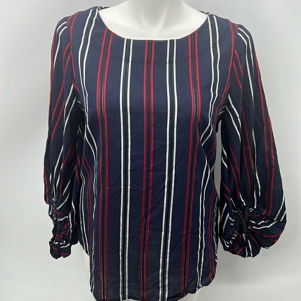 CAbi navy striped scoop neckline balloon sleeve blouse
